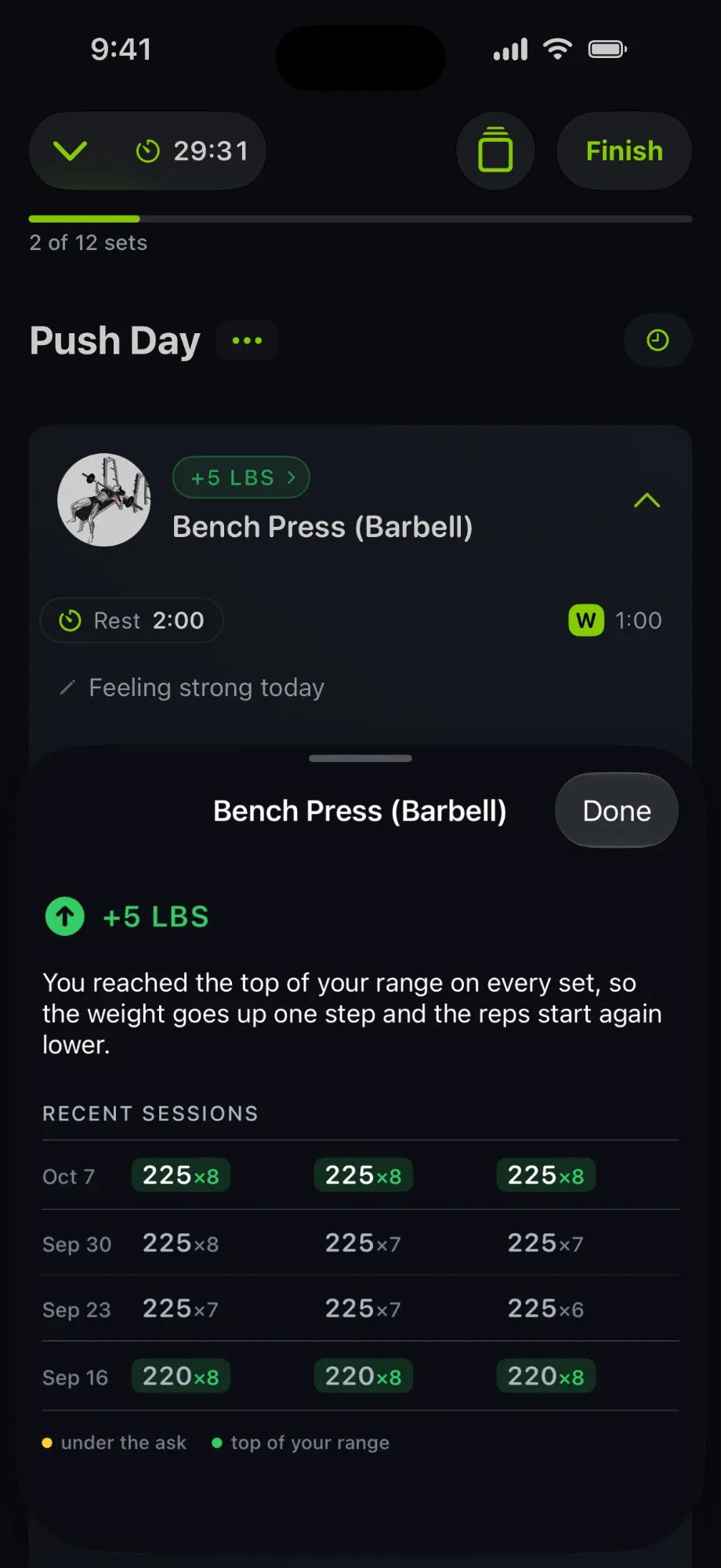 Every set at the top of the range: three green cells and a +5 LBS verdict