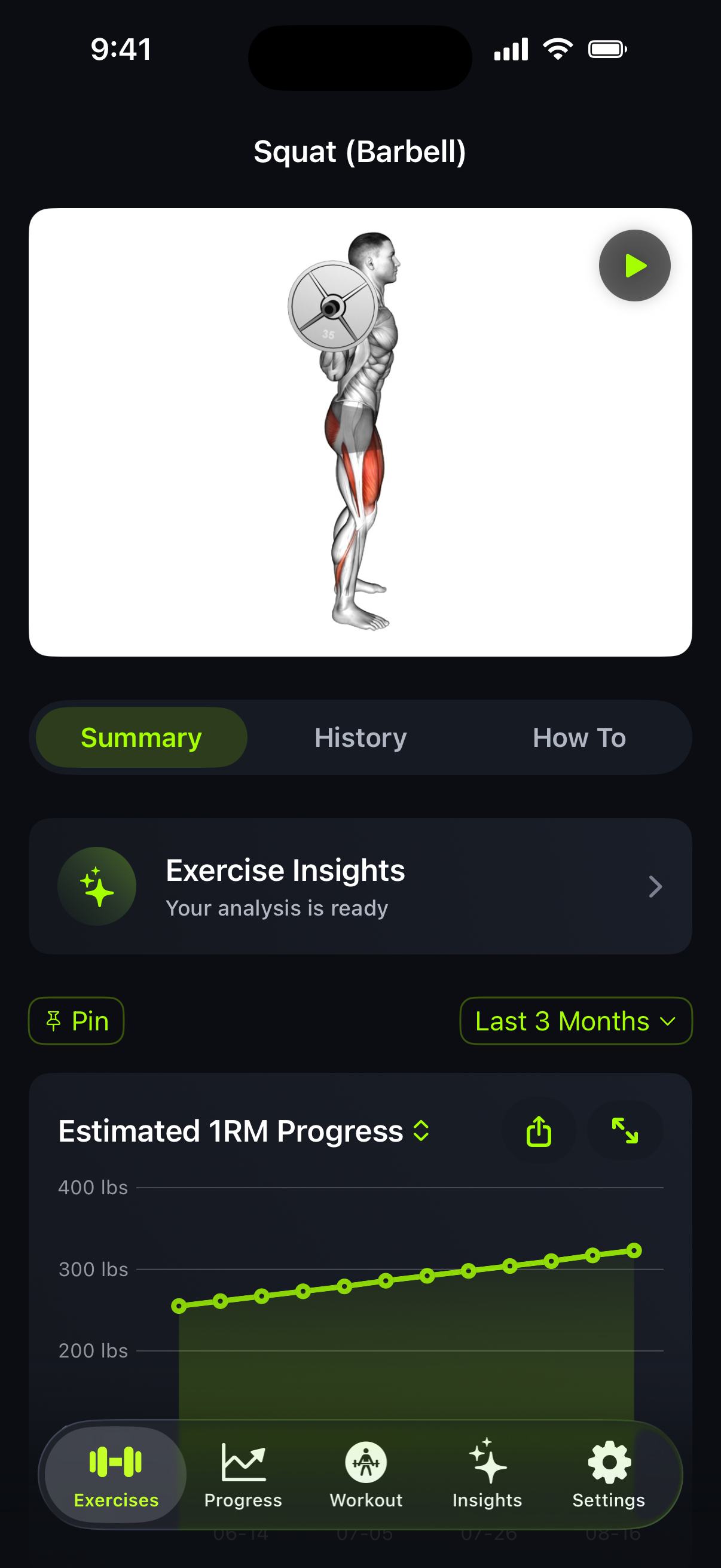 Squat in Trainlike with a climbing estimated one rep max chart