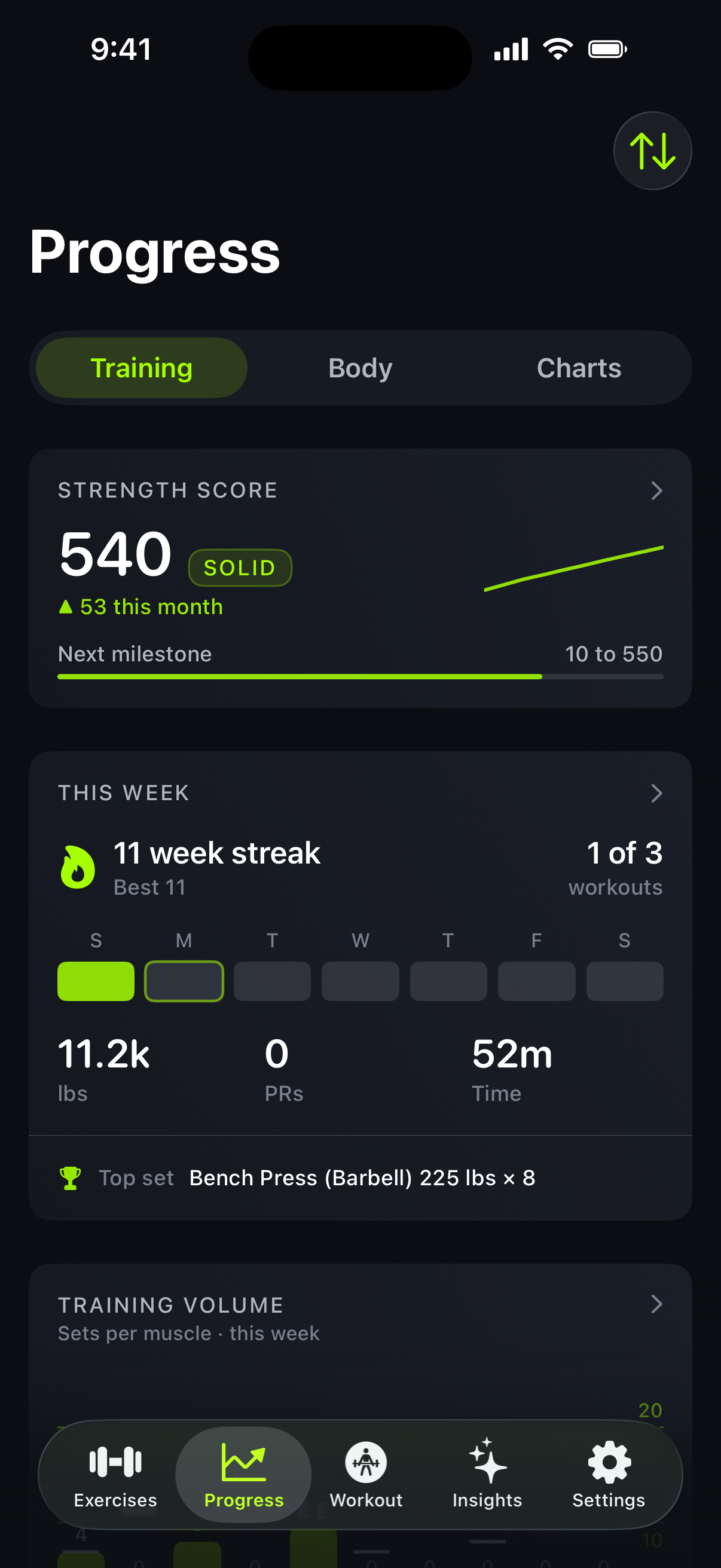 The Progress tab in Trainlike with a climbing Strength Score, weekly streak and top set